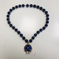 Rare Vintage 18k Yellow Gold Lapis Lazuli Bead Pendant Necklace 18