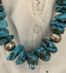 Rare Vintage Arizona Castle Dome Turquoise Stones & Silver Bead Necklace 22 L