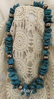 Rare Vintage Arizona Castle Dome Turquoise Stones & Silver Bead Necklace 22 L