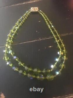 Rare Vintage Art Deco Iridescent Apple Green Crystal Bead Glass Gem Necklace