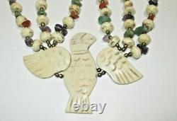 Rare Vintage Bovine Bone Hand Carved Falcon Necklace With Beads & Stones