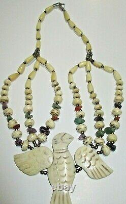 Rare Vintage Bovine Bone Hand Carved Falcon Necklace With Beads & Stones