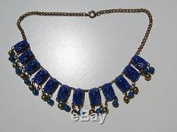 Rare Vintage Egyptian Pharaoh High Relief Glass Stones Faux Lapis Beads Necklace