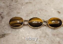 Rare Vintage Estate Gump's Tiger's Eye Stone Cabochon 14k Gold Bracelet Strand