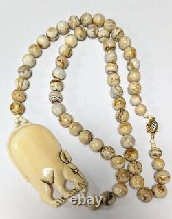 Rare! Vintage Gemstone Bead Necklace w Carved Rodent Figure