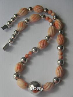 Rare Vintage Handmade 925 Sterling Silver Peach Angel Skin Coral Beaded Necklace