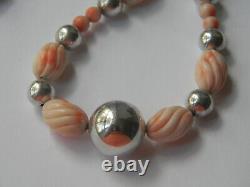 Rare Vintage Handmade 925 Sterling Silver Peach Angel Skin Coral Beaded Necklace