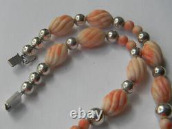 Rare Vintage Handmade 925 Sterling Silver Peach Angel Skin Coral Beaded Necklace