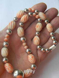 Rare Vintage Handmade 925 Sterling Silver Peach Angel Skin Coral Beaded Necklace