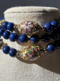 Rare Vintage Long Cloisonne Gold Oval-Shaped & Blue Gemstone Bead Necklace 32