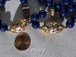 Rare Vintage Long Cloisonne Gold Oval-Shaped & Blue Gemstone Bead Necklace 32
