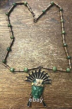 Rare Vintage Mexican Brass Carved Green Stone Figural Face Indian Bead Necklace