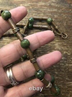 Rare Vintage Mexican Brass Carved Green Stone Figural Face Indian Bead Necklace