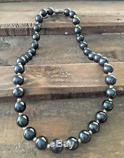 Rare Vintage Natural Black Hematite Round Beads Gemstone Women's Necklace