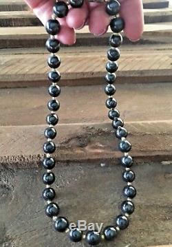 Rare Vintage Natural Black Hematite Round Beads Gemstone Women's Necklace