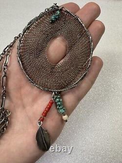 Rare Vintage PB PEYOTE BIRD Sterling Silver Turquoise Dream Catcher Necklace