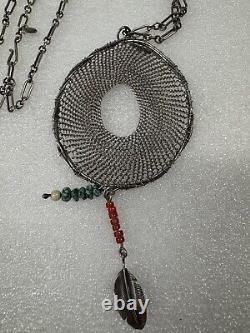 Rare Vintage PB PEYOTE BIRD Sterling Silver Turquoise Dream Catcher Necklace