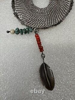 Rare Vintage PB PEYOTE BIRD Sterling Silver Turquoise Dream Catcher Necklace