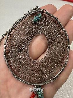 Rare Vintage PB PEYOTE BIRD Sterling Silver Turquoise Dream Catcher Necklace