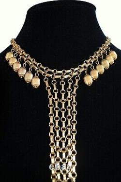 Rare Vintage Signed Hobe Necklace Necktie Style Long Gold Chains Satin Beads