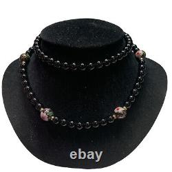 Rare! Vtg Genuine Onyx, Cloisonné Flowers Beads 14k Gold Beads Necklace 28