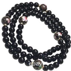 Rare! Vtg Genuine Onyx, Cloisonné Flowers Beads 14k Gold Beads Necklace 28
