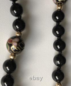 Rare! Vtg Genuine Onyx, Cloisonné Flowers Beads, 32 Gold Beads Necklace