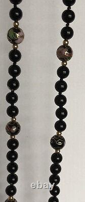 Rare! Vtg Genuine Onyx, Cloisonné Flowers Beads, 32 Gold Beads Necklace