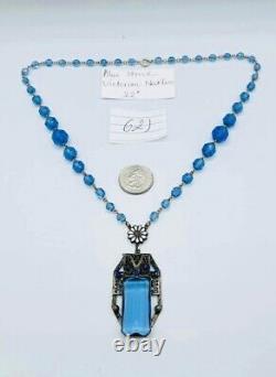 Rare Vtg Victorian Blue Beads Glass Stones Pendant Necklace