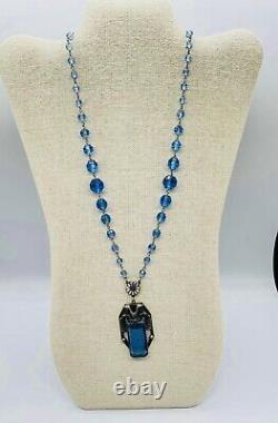 Rare Vtg Victorian Blue Beads Glass Stones Pendant Necklace