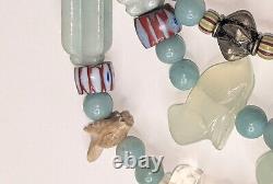 Rare Vtg Zuni Sterling Jadeite Fetish Art Glass Multi Strand Necklace 153gr DM