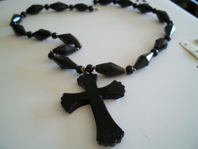 Rare Chain Strung Victorian Necklace, With Huge Carved Cross Cut Beading Antique