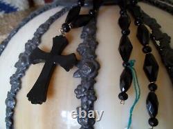 Rare chain strung victorian necklace, with huge carved cross cut beading antique