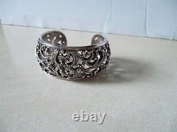 Rare lois hill sterling silver domed cutout beaded filigree scroll cuff bracelet