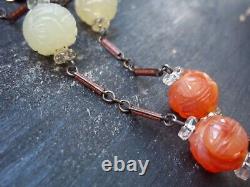 Rare victorian mutton fat jade carnelian Chinese BEAD necklace Carved bird Shou