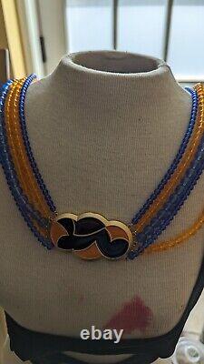 Runway Rare MONET Multi strand Blue orange Bead Enamel Necklace Deco 70's VTG