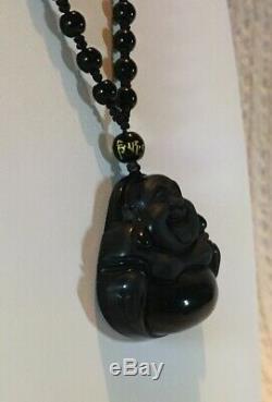 SJ Pearl RARE Obsidian Buddha Pendant Hand Knotted Beaded Necklace NWT