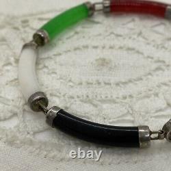 STERLING SILVER Chinese Link Bracelet Jade Amethyst Carnelian MOP Onyx Etc Rare