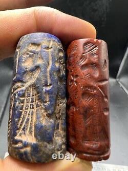 Sale! Rare Ancient 2 pcs cylinder Lapis & Jasper stone seals intaglio beads
