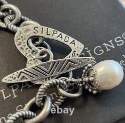 Silpada RARE Dangle Pearl Charm Sterling Silver Link Bracelet Heart Toggle B1241