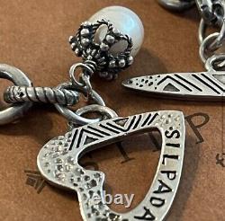 Silpada RARE Dangle Pearl Charm Sterling Silver Link Bracelet Heart Toggle B1241
