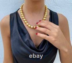 Single Strand Rare Golden South Sea Pearl Necklace in 18K Yellow Gold Over 17
