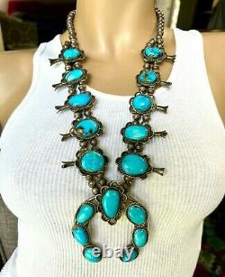 Sterling Navajo Indian Squash Blossom Blue Gem Turquoise Naja Necklace Rare