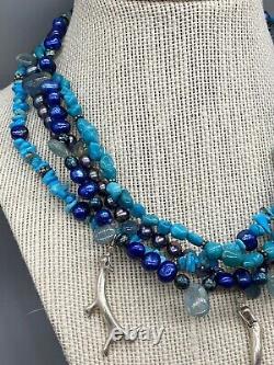 Sterling Silver Michelle Roy Beaded Pearl Turquoise Multi Strand Necklace Rare