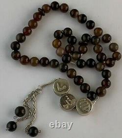 Sterling Silver Stone Prayer Beads Islamic Inscription Signed Rare Chain