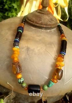 Stone Bead Necklace with Turquoise, Amber and Black coral beads, Natural, Rare