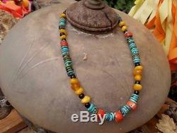 Stone Bead Necklace with Turquoise, Amber and Red coral beads, Natural, Rare