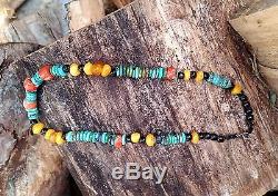 Stone Bead Necklace with Turquoise, Amber and Red coral beads, Natural, Rare