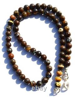 Super Rare Natural Gem Boulder Australian Opal 7MM Round Beads Necklace 17