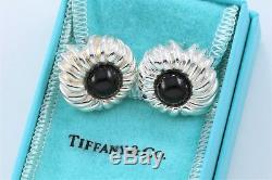 Tiffany & Co Silver Onyx Gem Bead Nature Flower Clip On Earrings with Pouch RARE